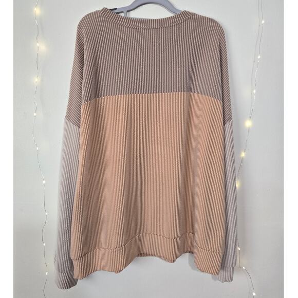 DOKOTOO Soft Ribbed Color Block Oversized Long Sleeve Pullover Top 2XL Brown Tan - Picture 3 of 13